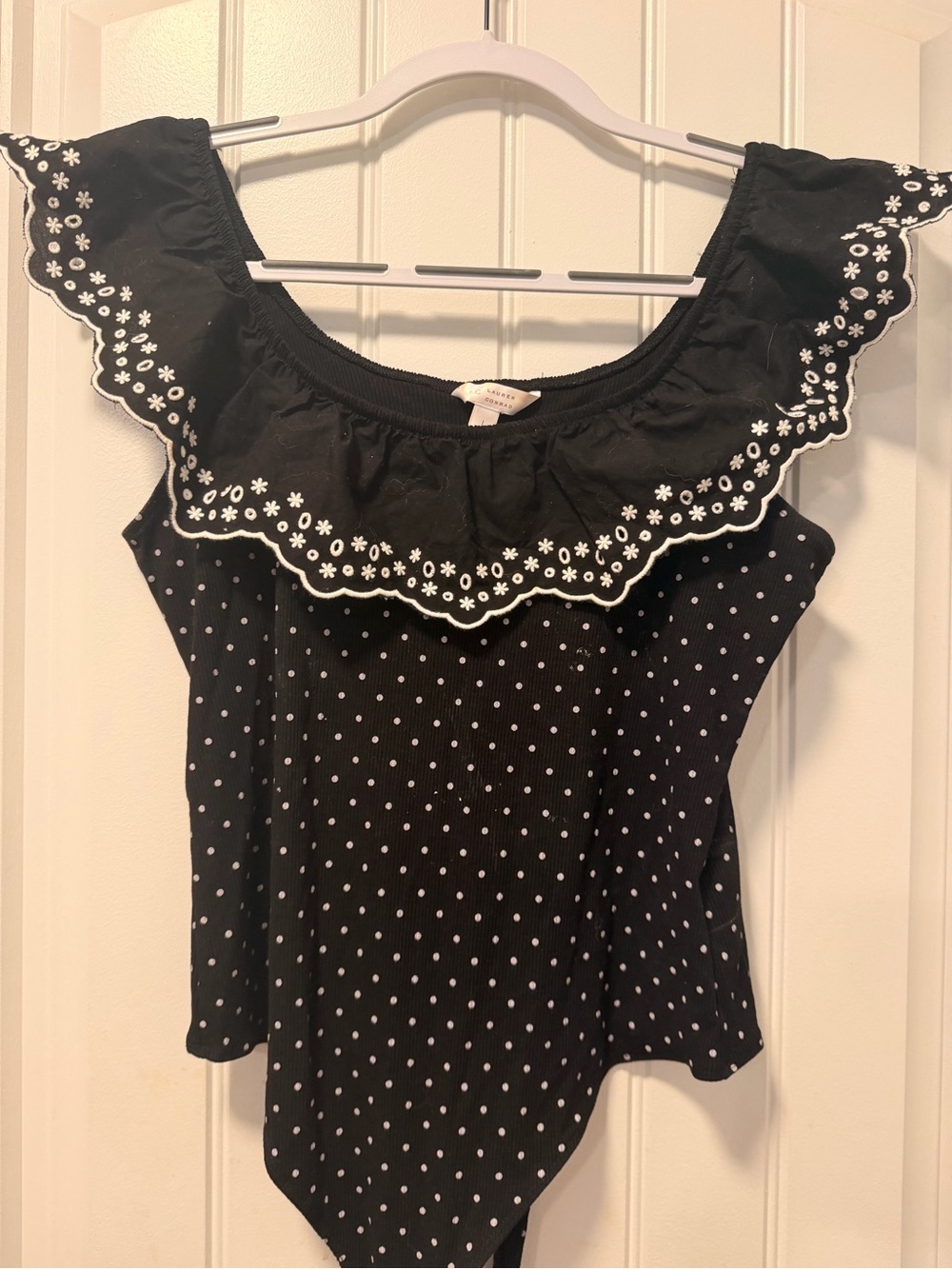 Black Polka Dot Off-Shoulder Bodysuit with Embroidered Ruffle